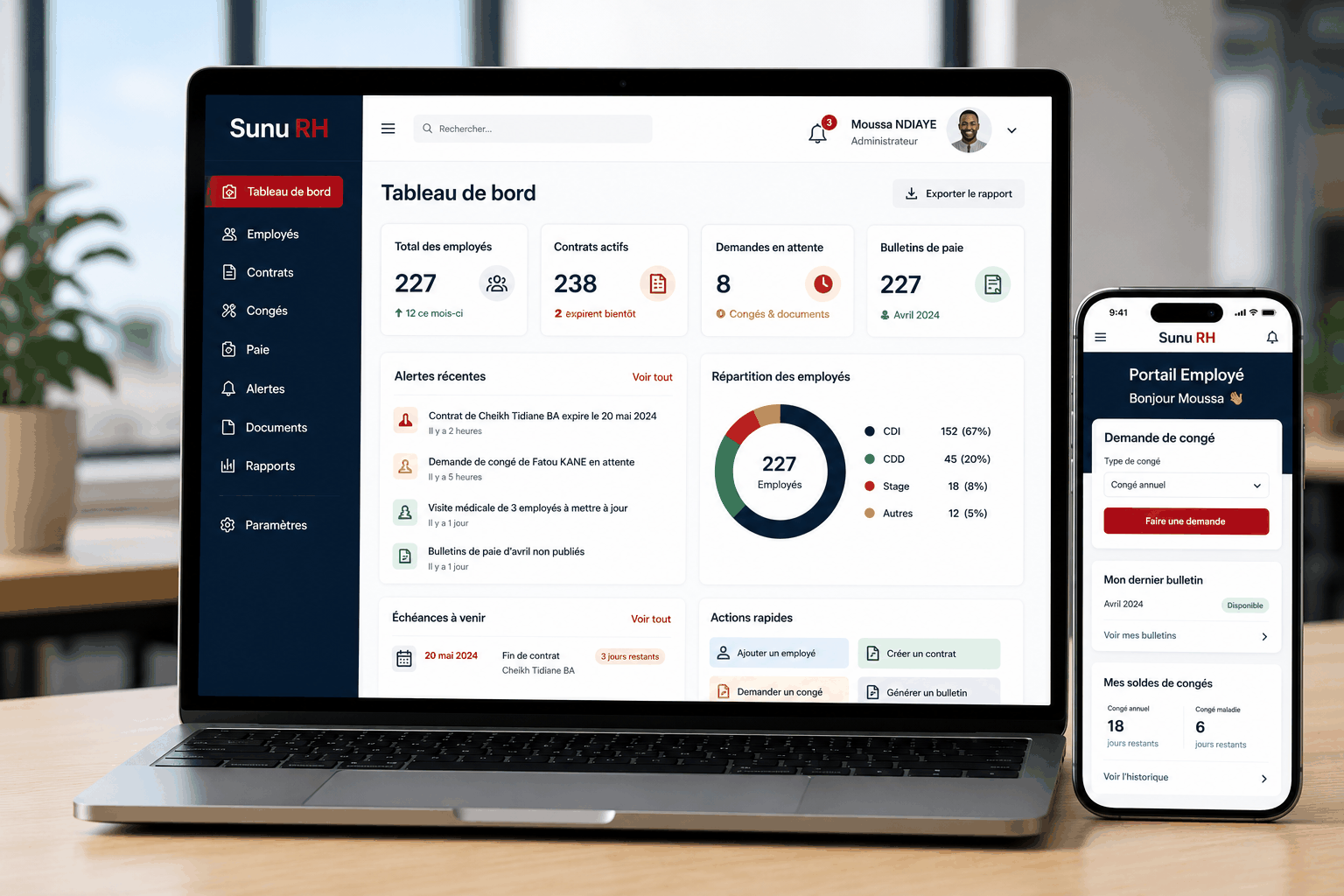 Aperçu Sunu RH&nbsp;: tableau de bord administrateur sur ordinateur et portail employé sur mobile